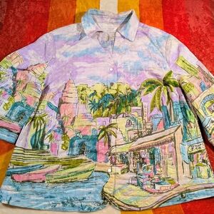 Vintage CJ Banks 1X Stretch Jacket Shacket Watercolor Wearable Art Resortwear